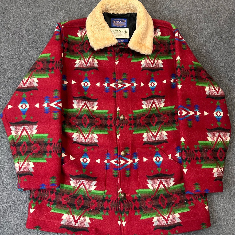 Pendleton Orvis Mens Jacket Coat Shearling Collar Aztec Indian Blanket XL
